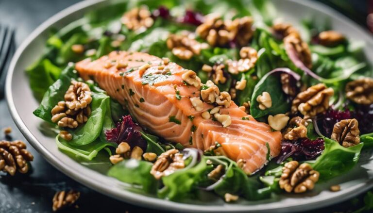 Mixed Greens Salad With Sous Vide Salmon and Walnuts