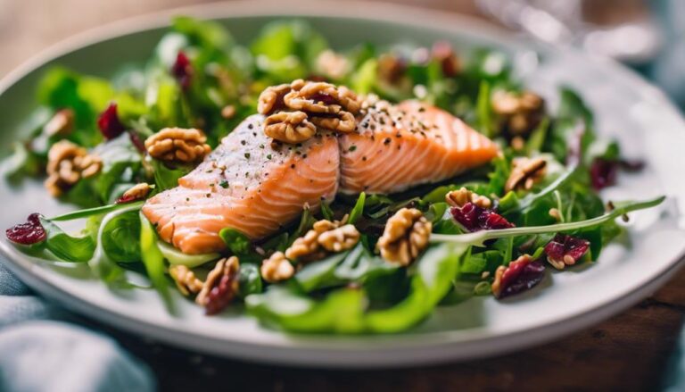 Mixed Greens Salad With Sous Vide Salmon and Walnuts