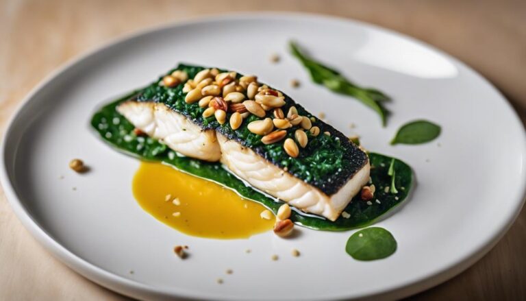 Sous Vide Sea Bass Over Spinach and Pine Nuts